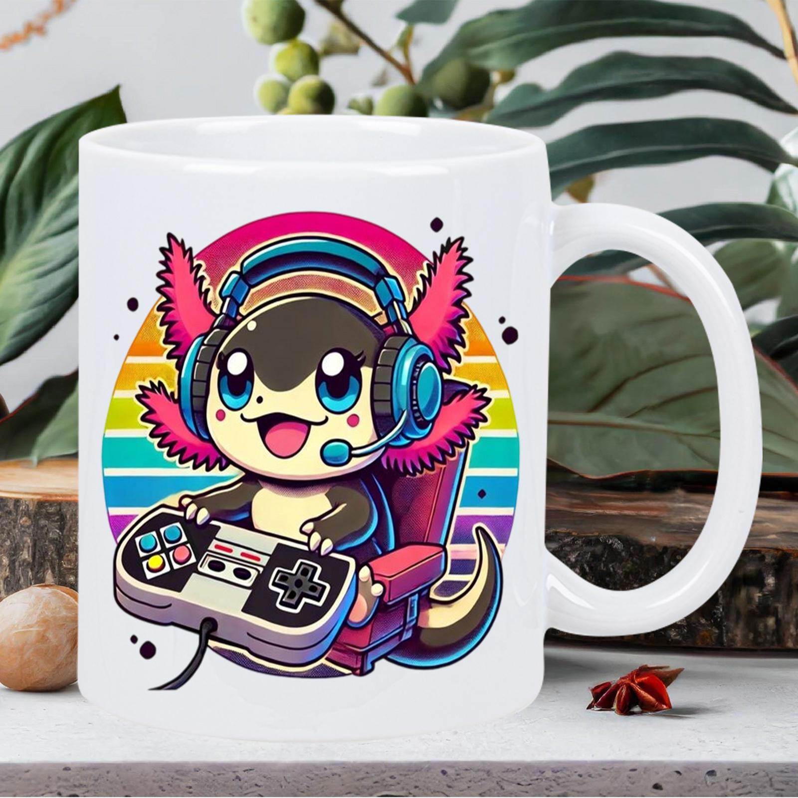 Tailorly White Ceramic 11 oz Mug - Adorable Cartoon Creature Wearing Gaming Headphones Playing With A Retro Controller Axolotl