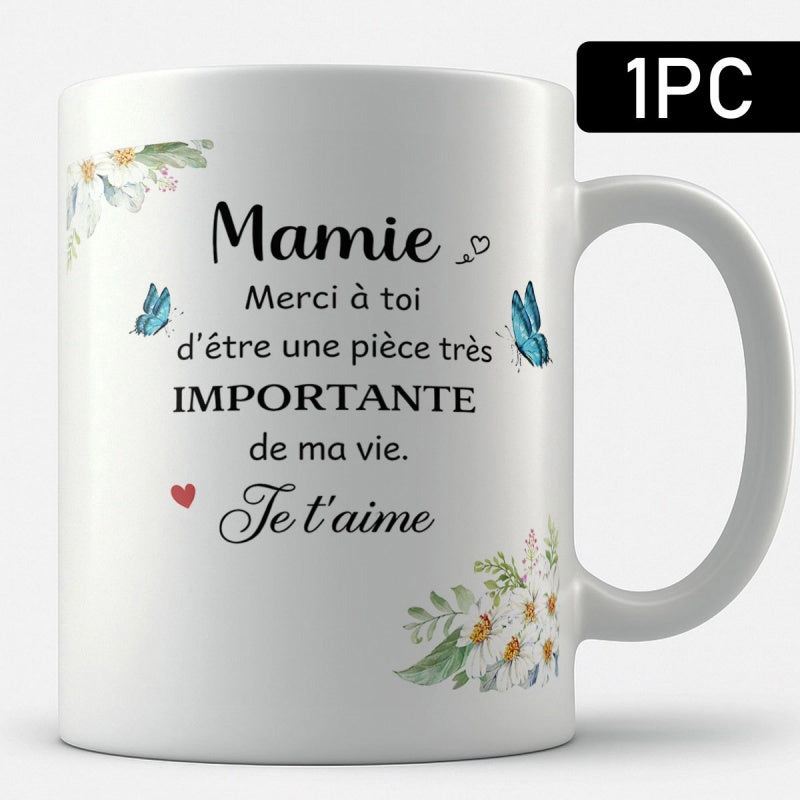 Tailorly White Ceramic 11 oz Mug - Elegant Watercolor Flowers With Blue Butterflies Fluttering Around Heart Accents Butterfly