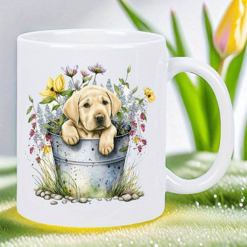 Tailorly White Ceramic 11 oz Mug - Adorable Golden Retriever Sitting Inside Rustic Bucket With Blooming Wildflowers Puppy