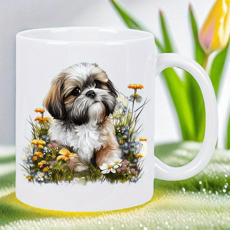 Tailorly White Ceramic 11 oz Mug - Adorable Fluffy Shih Tzu Sitting Among Colorful Wildflowers In Sunny Meadow Dog