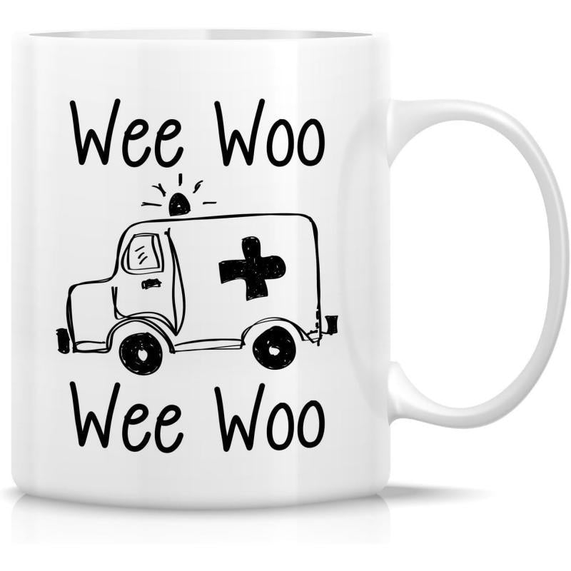 Tailorly White Ceramic 11 oz Mug - Wee Woo Wee Woo Minimalist Hand Drawn Emergency Vehicle Driving With Flashing Siren Lights Ambulance