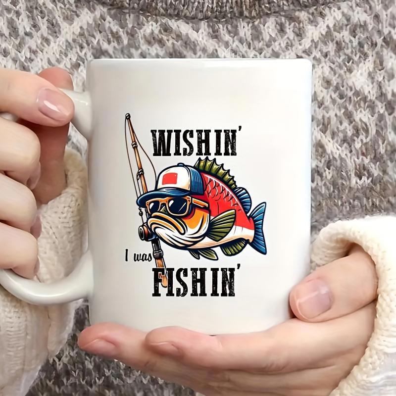 Tailorly White Ceramic 11 oz Mug - Wishin I Was Fishin Cool Cartoon Fish Wearing Sunglasses Holding A Fishing Rod Near Lake Fish