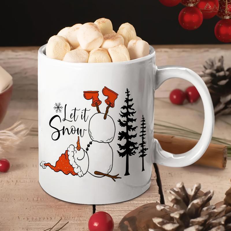 Tailorly White Ceramic 11 oz Mug - Let It Snow Playful Winter Scene Featuring Festive Pine Trees And Upside Down Snowman