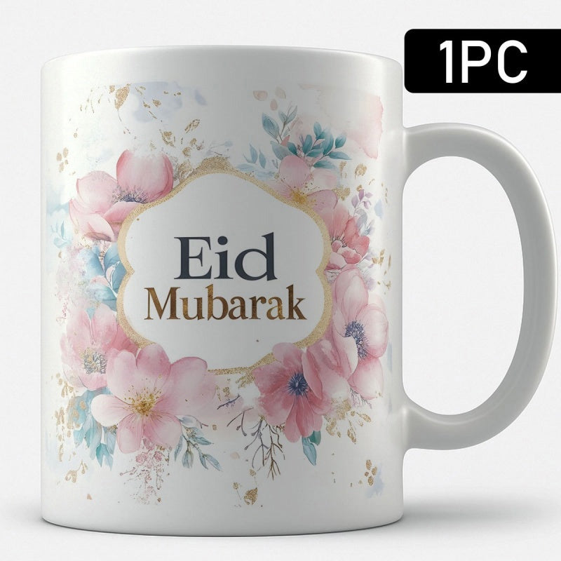 Tailorly White Ceramic 11 oz Mug - Eid Mubarak Soft Pink Blooming Watercolor Blossoms With Elegant Teal Leaves Floral Wreath