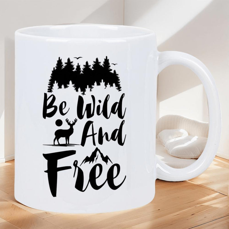 Tailorly White Ceramic 11 oz Mug - Be Wild And Free Rustic Forest Silhouette Under Birds Flying Over Majestic Mountain Deer
