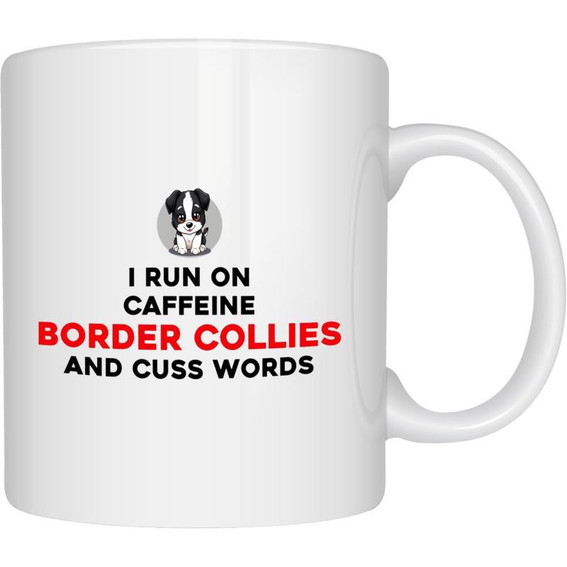Tailorly White Ceramic 11 oz Mug - I Run On Caffeine Border Collies And Cuss Words Minimalist Black And White Puppy Illustration Sitting Within A Grey Circle Dog