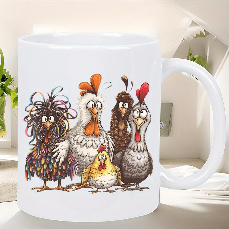 Tailorly White Ceramic 11 oz Mug - Funny Quirky Cartoon Birds With Hilarious Facial Expressions And Messy Feathers Chicken