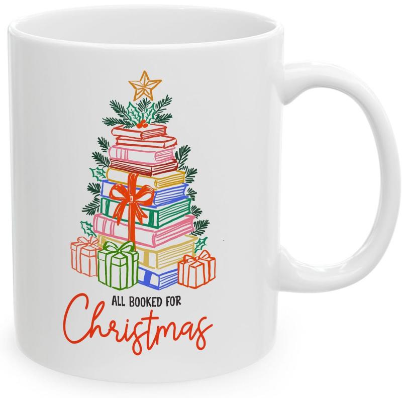 Tailorly White Ceramic 11 oz Mug - All Booked For Christmas Stacked Colorful Books Arranged Like A Festive Tree With Shining Star Tree