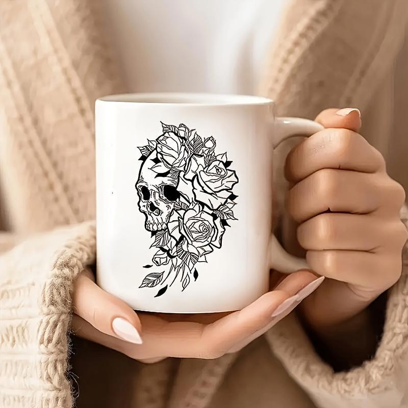Tailorly White Ceramic 11 oz Mug - Intricate Gothic Design Featuring Blooming Roses Among A Detailed Human Skull