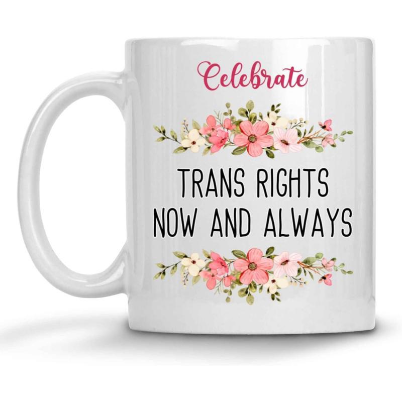 Tailorly White Ceramic 11 oz Mug - Celebrate Trans Rights Now And Always Soft Pink Blossoming Floral Clusters With Green Decorative Leaves Mug