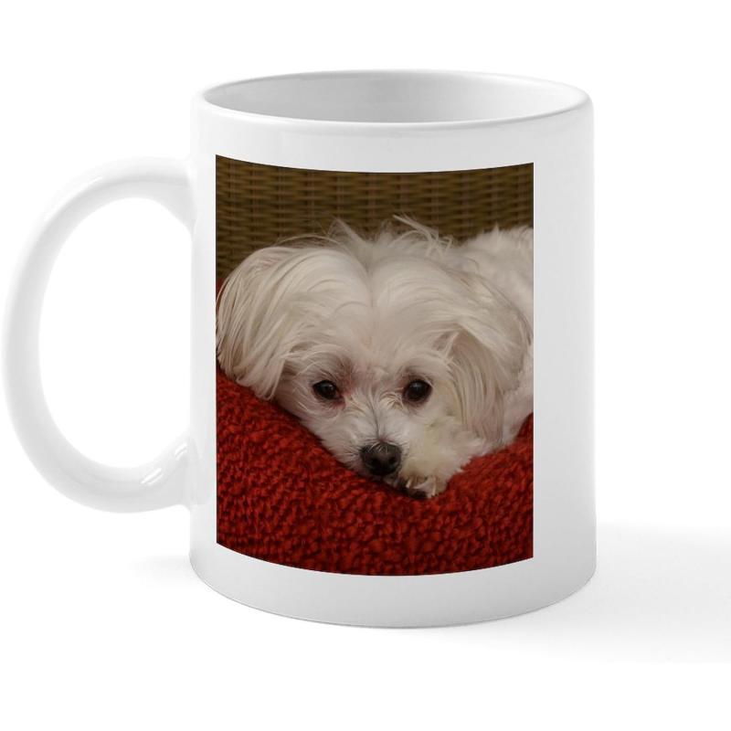 Tailorly White Ceramic 11 oz Mug - Small Fluffy White Maltese Resting On A Comfortable Soft Red Fabric Dog