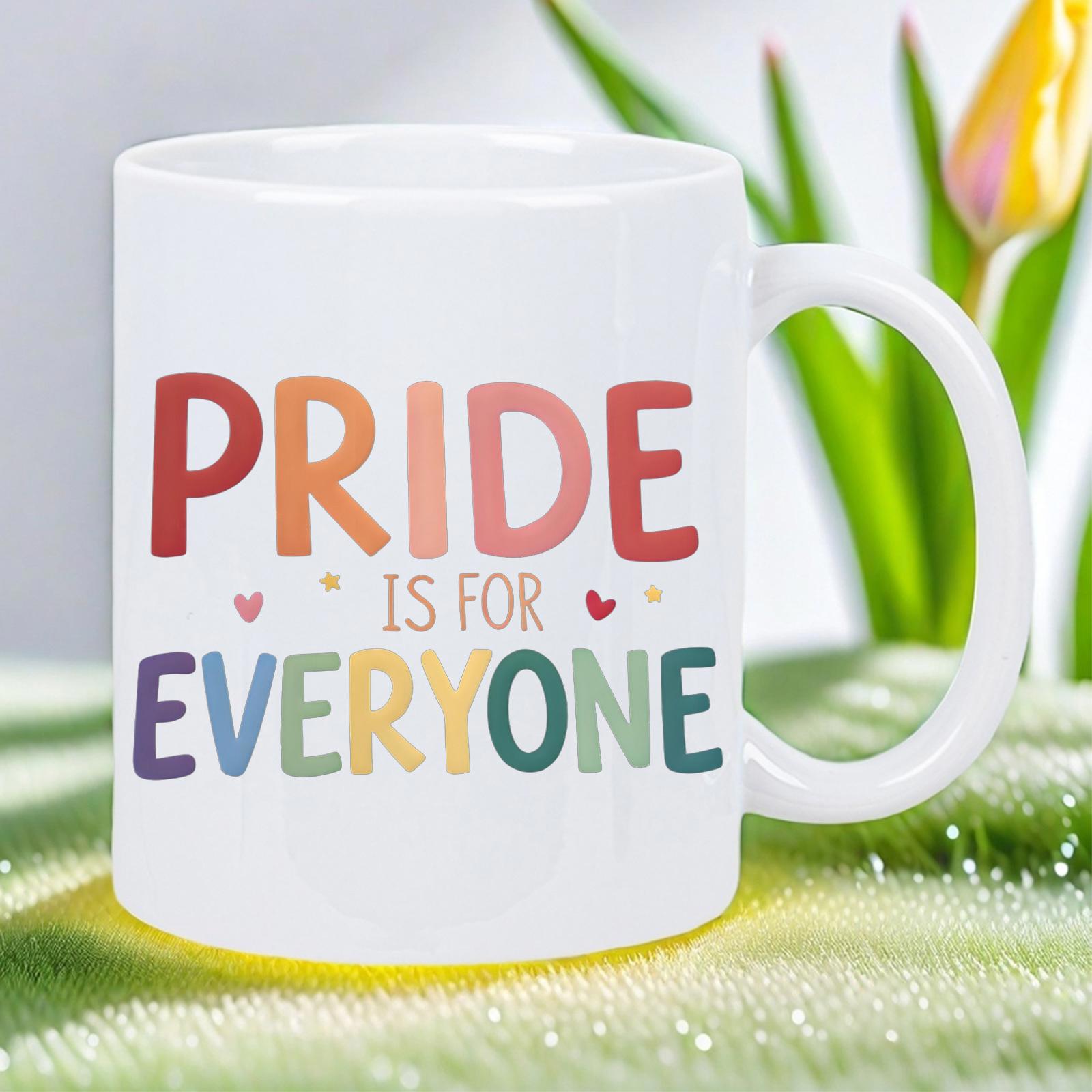 Tailorly White Ceramic 11 oz Mug - Pride Is For Everyone Colorful Rounded Block Letters With Tiny Hearts On Smooth