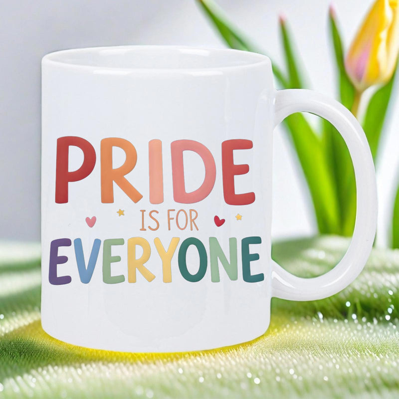 Tailorly White Ceramic 11 oz Mug - Pride Is For Everyone Colorful Rounded Block Letters With Tiny Hearts On Smooth