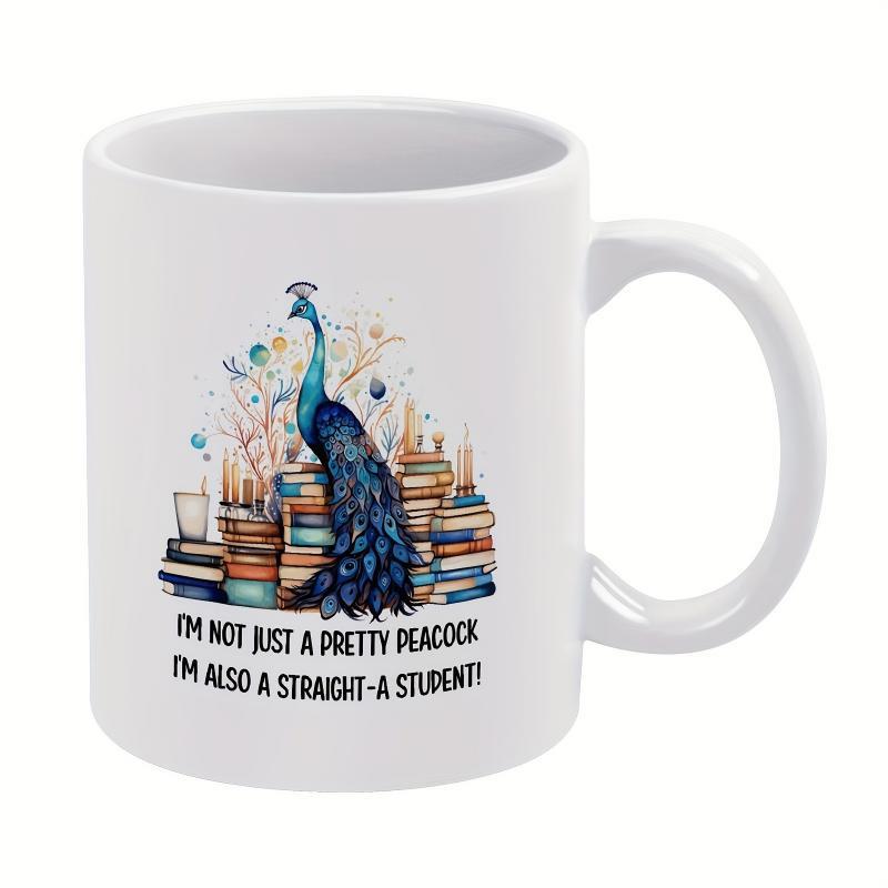 Tailorly White Ceramic 11 oz Mug - I'm Not Just A Pretty Peacock I'm Also A Straight A Student Elegant Blue Bird Standing On Stacks Of Colorful Old Books Peacock