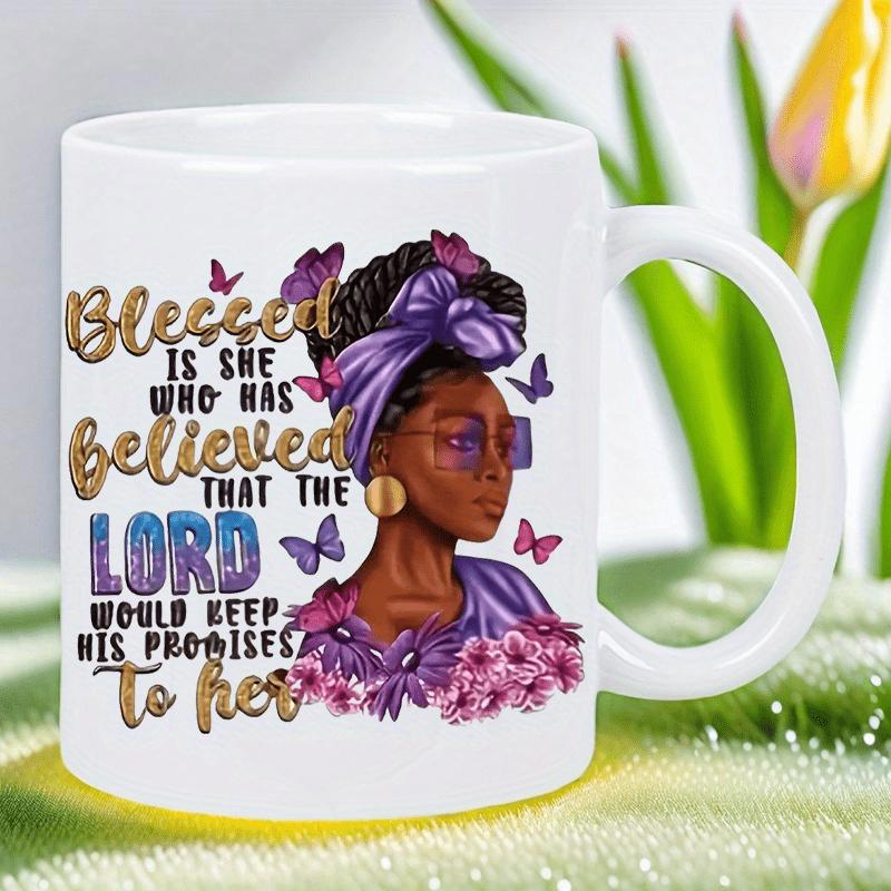 Tailorly White Ceramic 11 oz Mug - Blessed Is She Who Has Believed That The Lord Would Keep His Promises To Her Purple Headwrap And Butterflies Flying Among