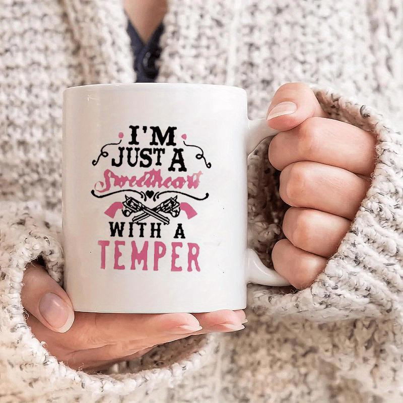 Tailorly White Ceramic 11 oz Mug - Im Just A Sweetheart With A Temper Decorative Crossed Revolvers Featuring Delicate Heart And Artistic Swirls Revolver