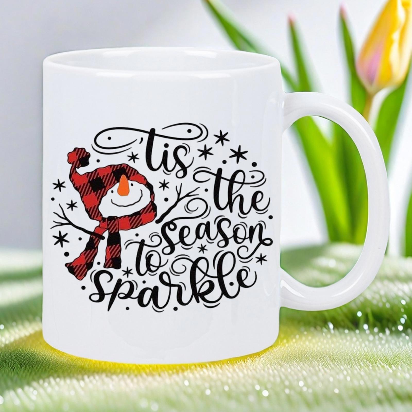 Tailorly White Ceramic 11 oz Mug - Tis The Season To Sparkle Smiling Winter Snowman Wearing Red Buffalo Plaid Hat And Scarf Among Stars Snowman