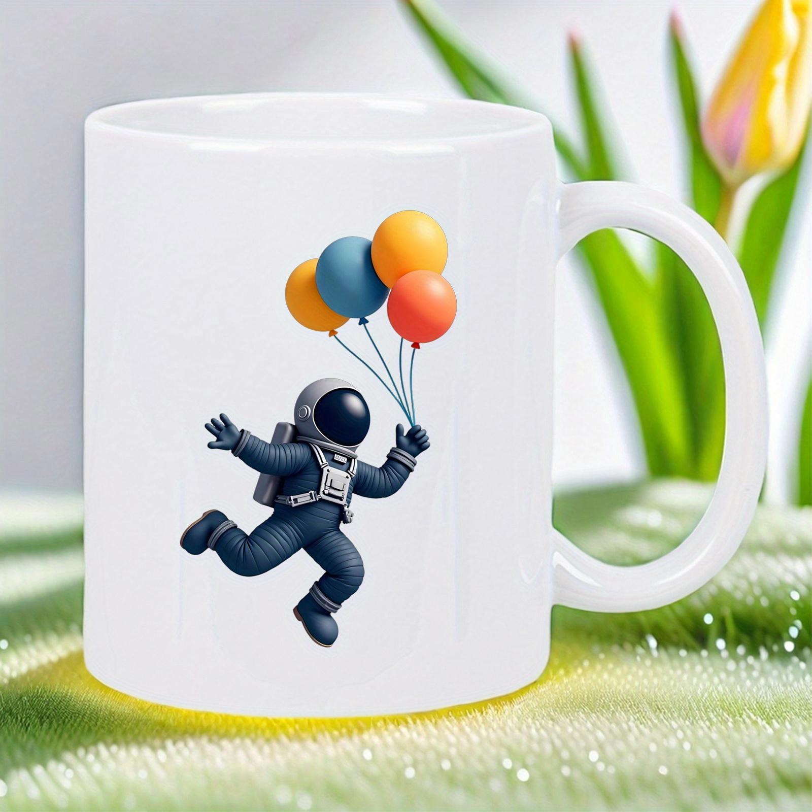 Tailorly White Ceramic 11 oz Mug - Whimsical Floating Colorful Balloons Drifting Through Limitless Outer Space Astronaut