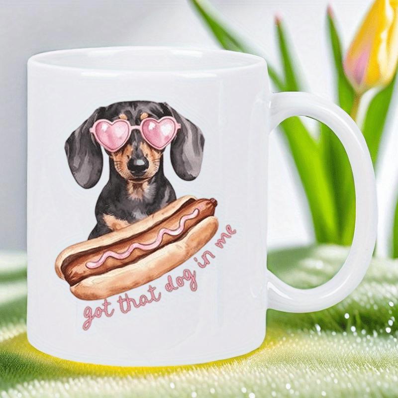 Tailorly White Ceramic 11 oz Mug - Got That Dog In Me Adorable Watercolor Sausage Dog Wearing Pink Heart Sunglasses Behind Tasty Hotdog Dachshund