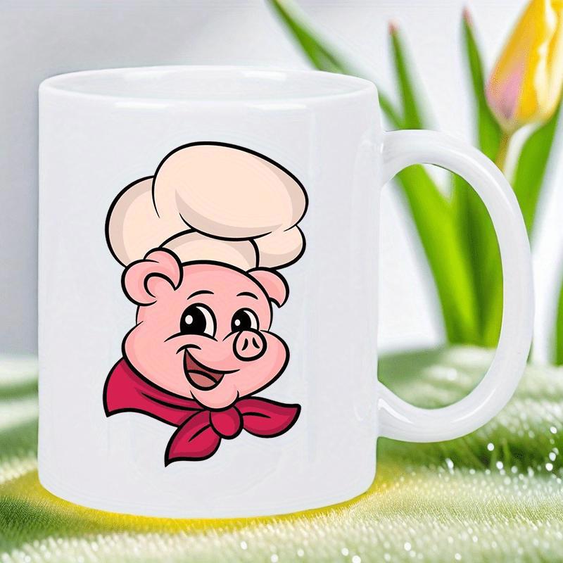 Tailorly White Ceramic 11 oz Mug - Smiling Pink Cartoon Chef Wearing White Hat And Red Scarf Pig