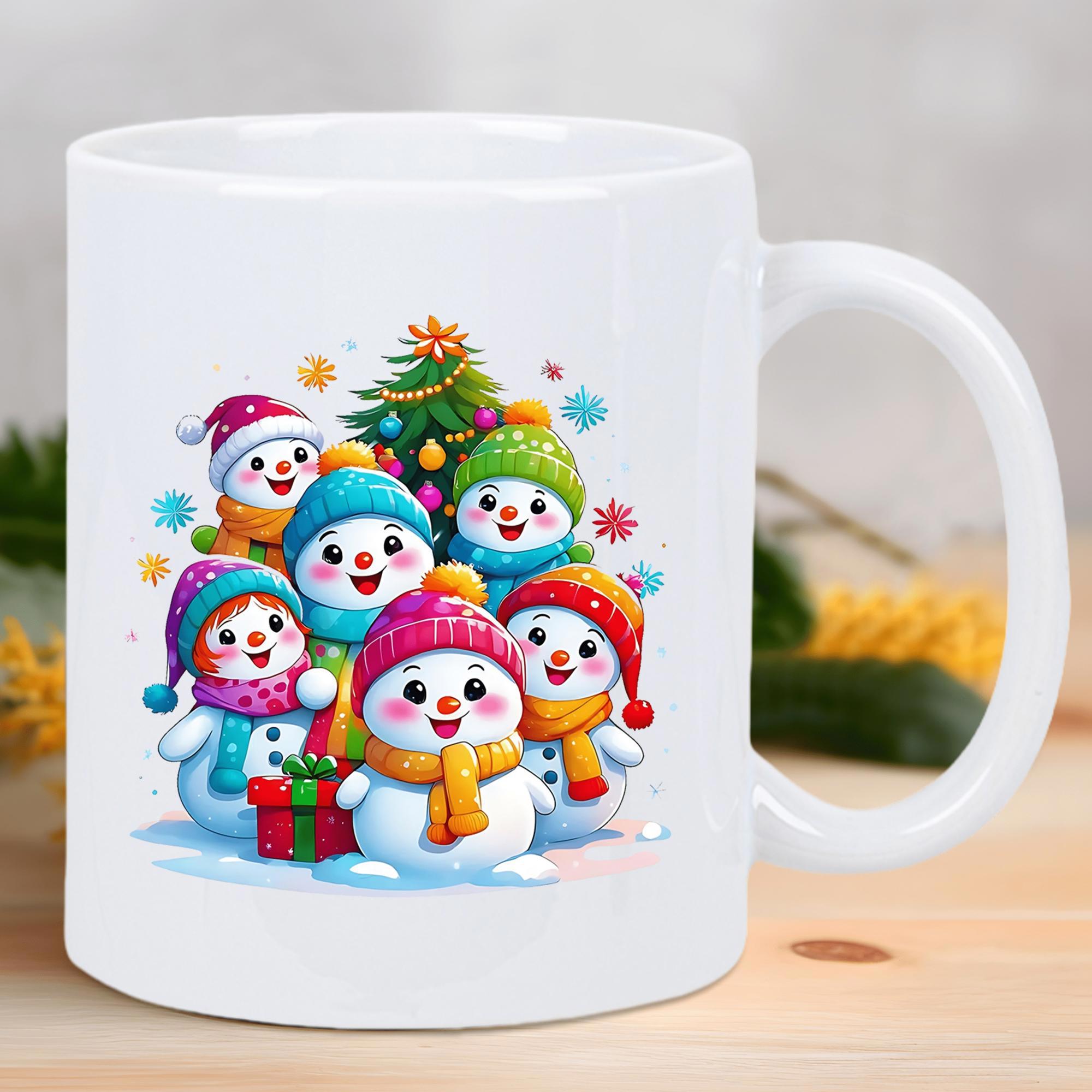 Tailorly White Ceramic 11 oz Mug - Group Of Joyful Colorful Cartoon Characters Standing Around A Decorated Festive Holiday Snowmen