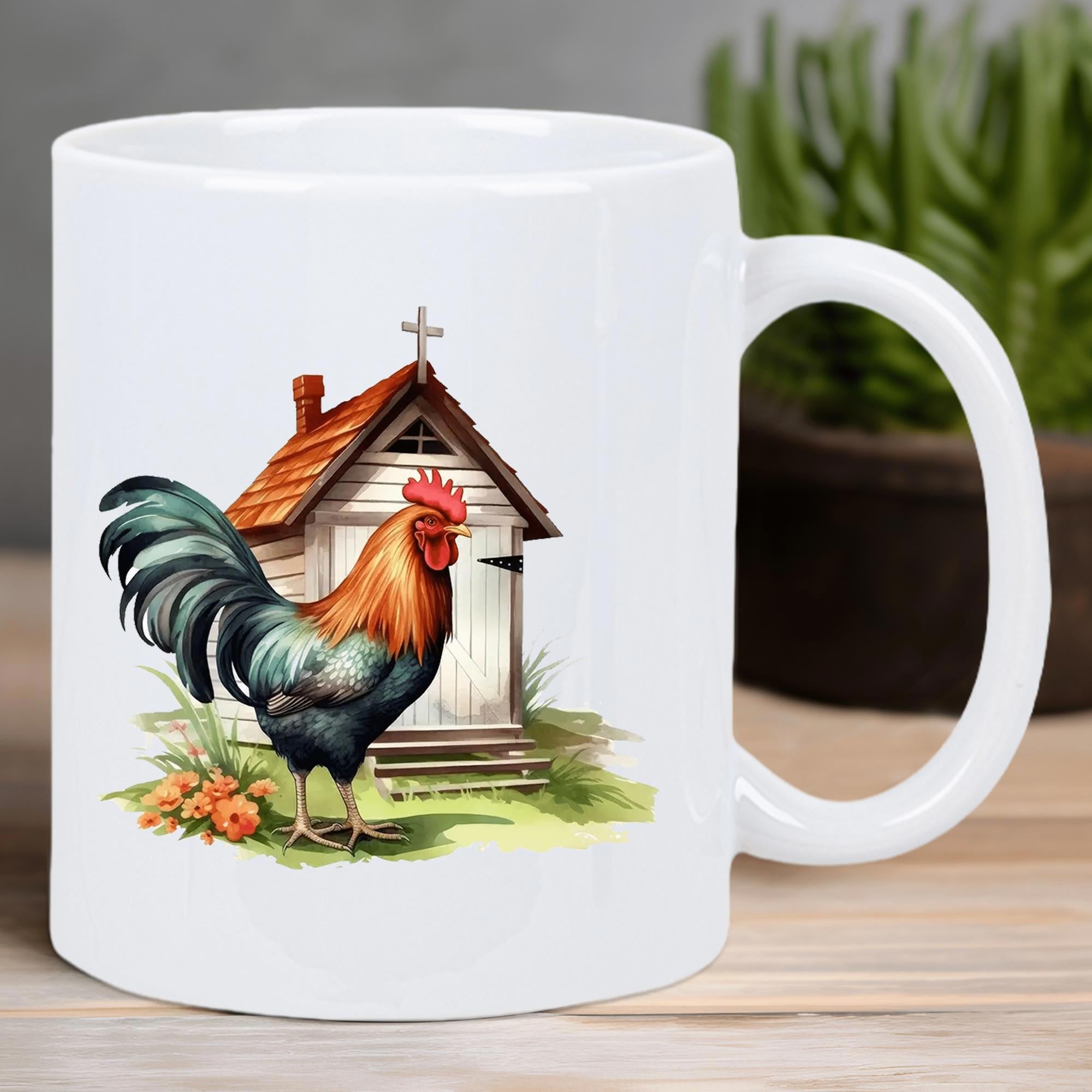 Tailorly White Ceramic 11 oz Mug - Vibrant Rooster Standing Beside Small Wooden Church On Green Grassy Field Rooster