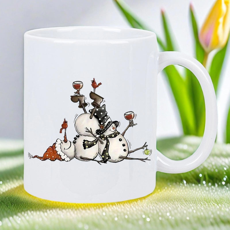 Tailorly White Ceramic 11 oz Mug - Whimsical Winter Scene Featuring Two Cheerful Snowmen Sharing Red Wine Snowman