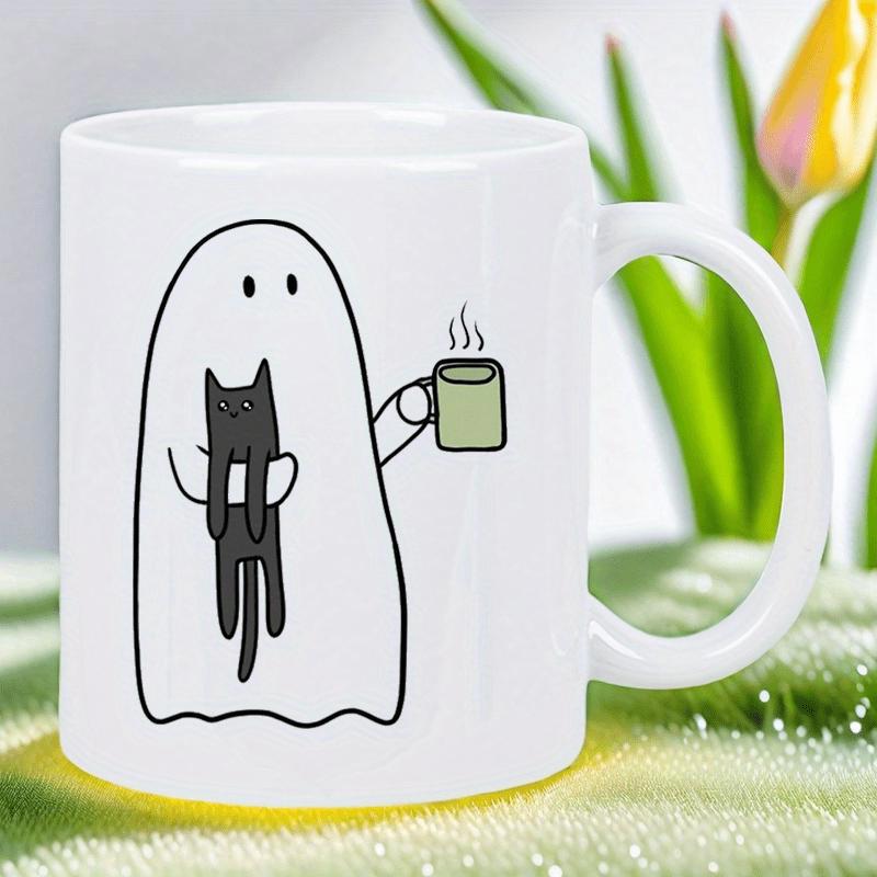 Tailorly White Ceramic 11 oz Mug - Minimalist Hand Drawn Sketch Holding A Black Cat And Steaming Coffee Ghost