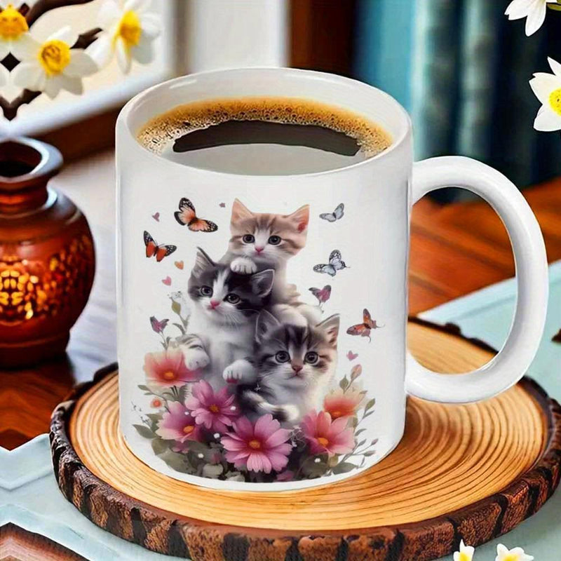 Tailorly White Ceramic 11 oz Mug - Three Adorable Furry Friends Sitting Among Delicate Pink Blossoms And Flying Butterflies Kittens