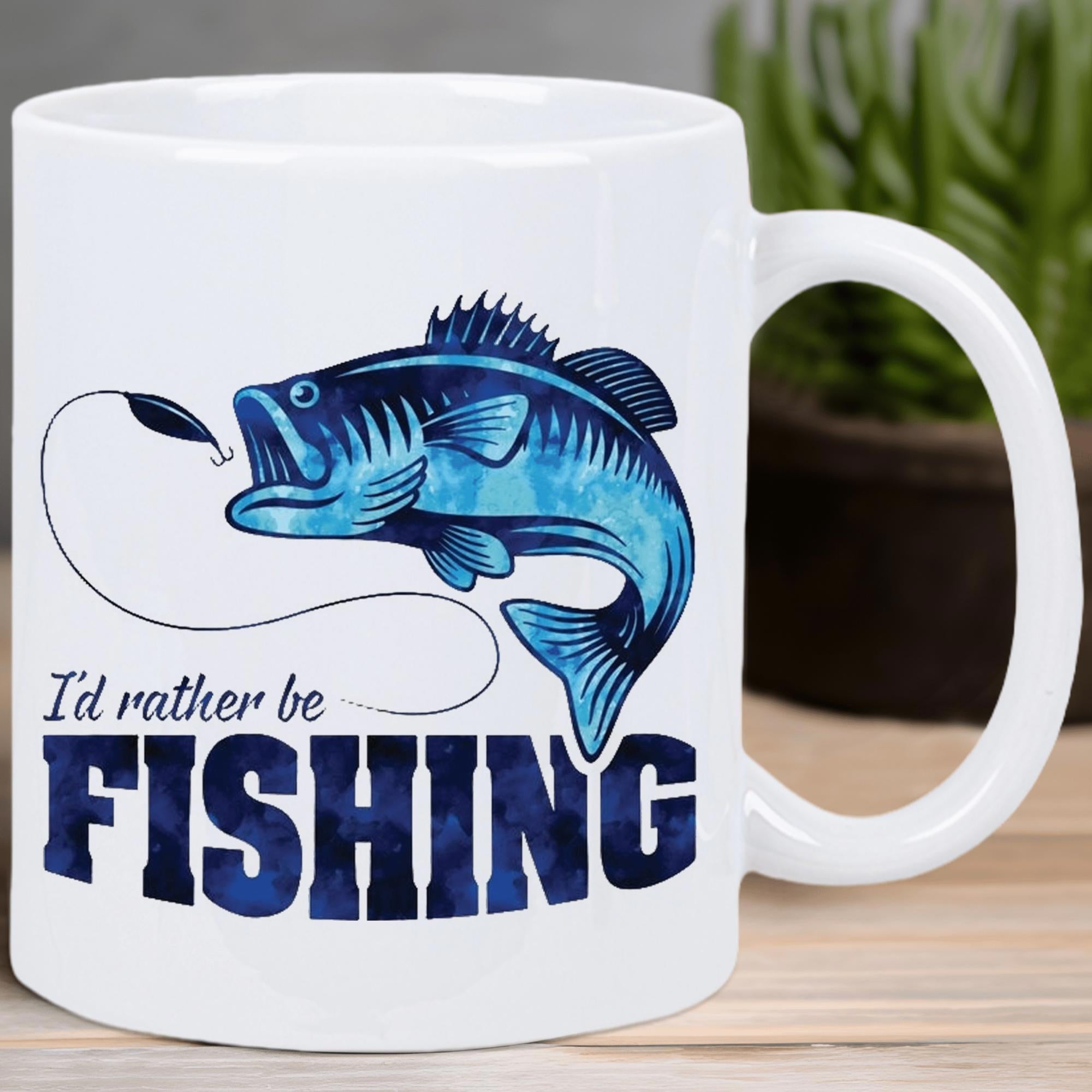 Tailorly White Ceramic 11 oz Mug - Id Rather Be Fishing Artistic Blue Watercolor Leaping Bass Catching Hook Lure Fish