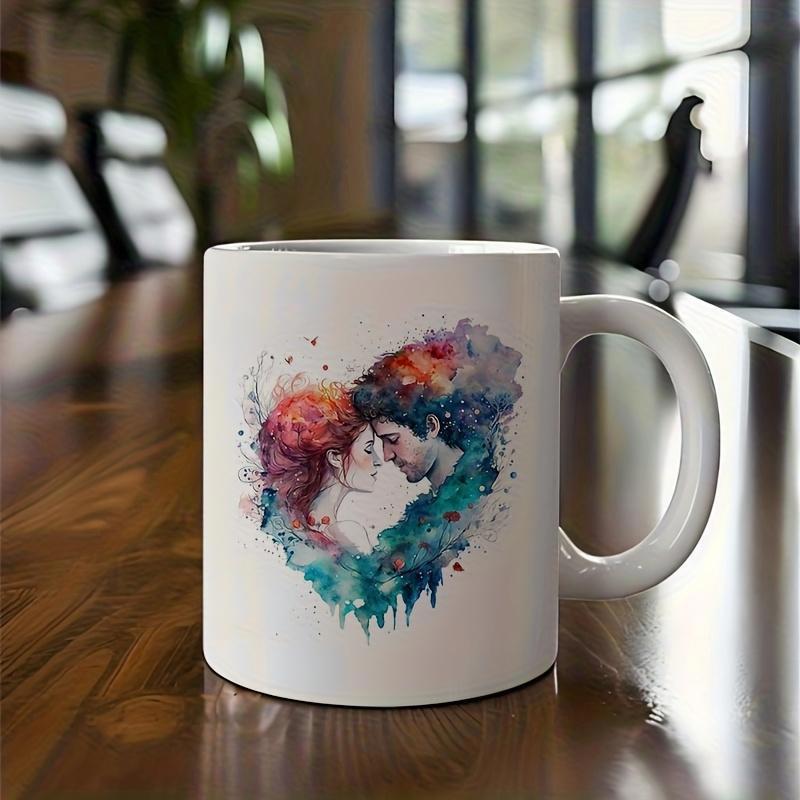 Tailorly White Ceramic 11 oz Mug - Artistic Watercolor Splashes Forming A Heart Shape Featuring A Loving Couple