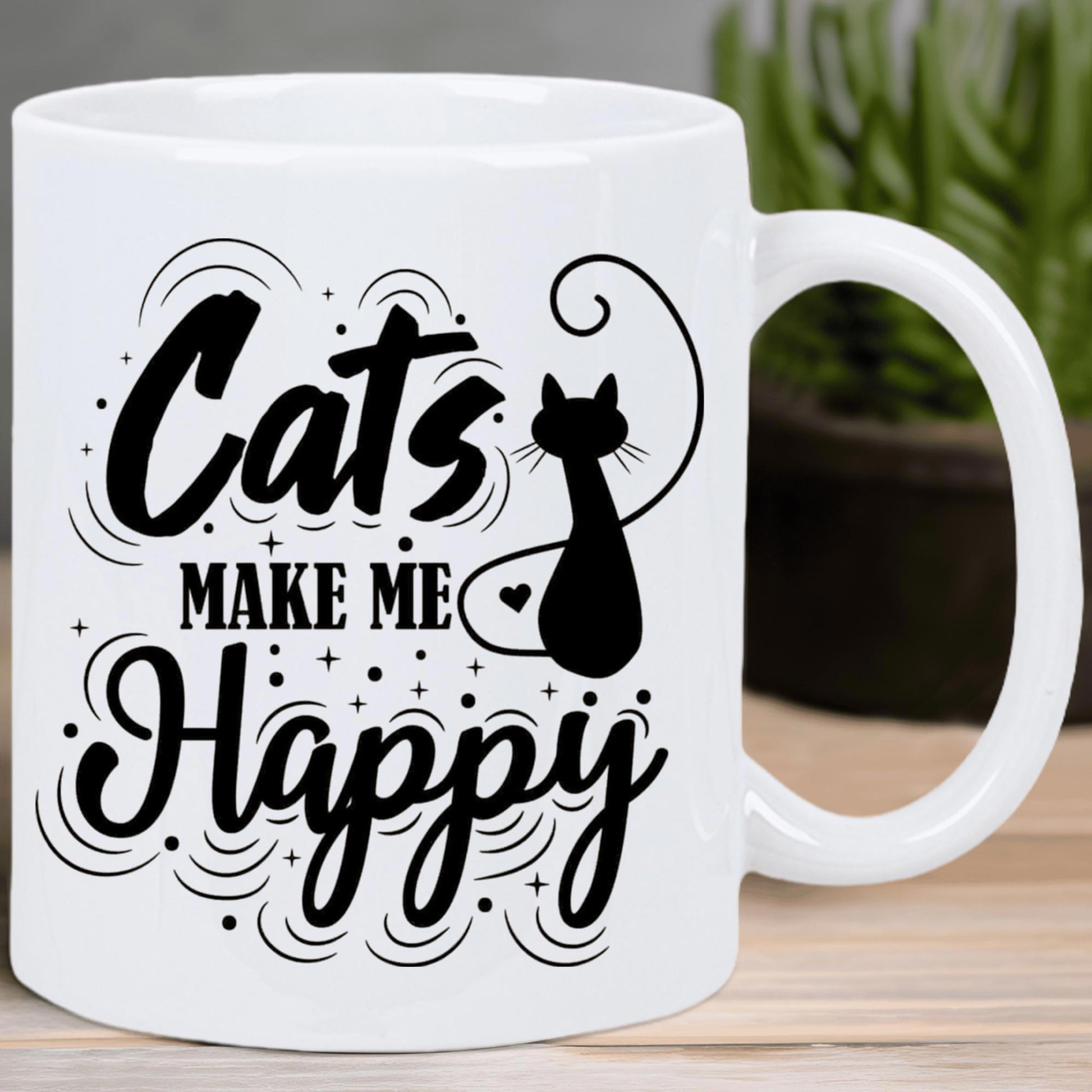 Tailorly White Ceramic 11 oz Mug - Cats Make Me Happy Elegant Black Feline Silhouette With Swirling Tail Among Decorative Artistic Lines Cat