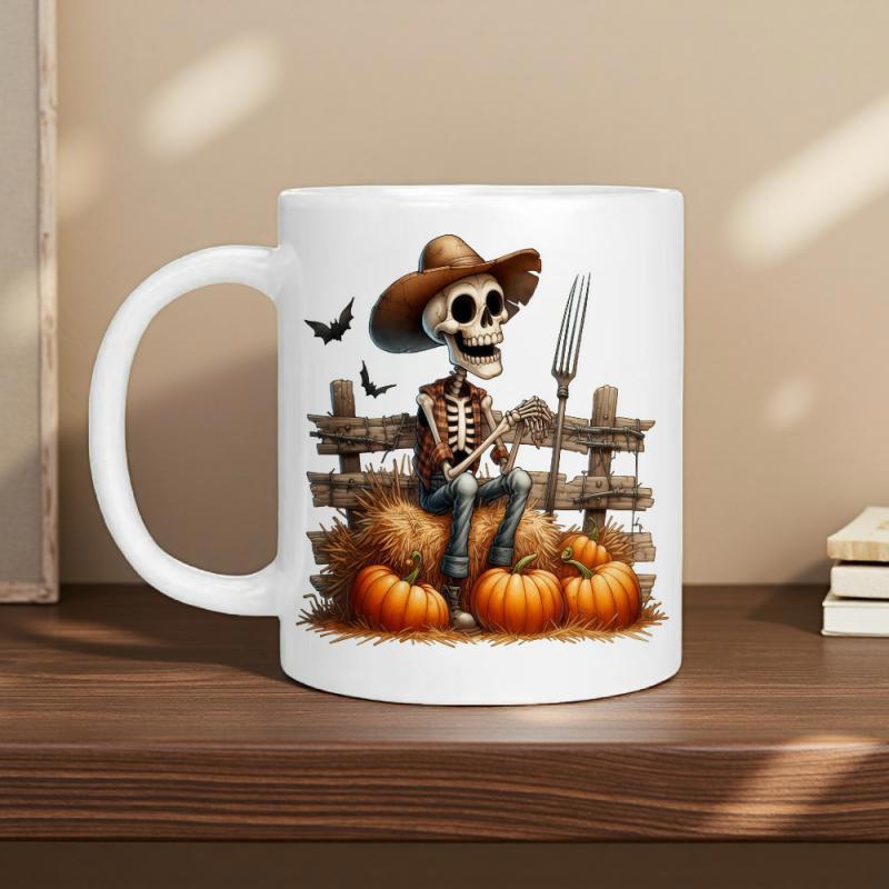 Tailorly White Ceramic 11 oz Mug - Rustic Halloween Cowboy Sitting On Hay Bales With Autumn Pumpkins Skeleton