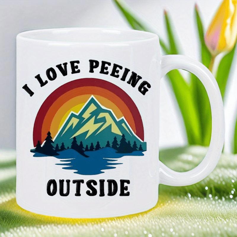Tailorly White Ceramic 11 oz Mug - I Love Peeing Outside Retro Style Sunset With Evergreen Trees Overlooking A Peaceful Blue Lake Mountain