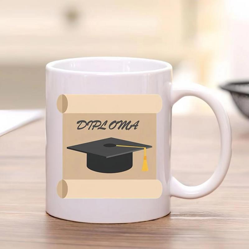 Tailorly White Ceramic 11 oz Mug - Diploma Elegant Parchment Scroll With Black Mortarboard And Golden Yellow Tassel Graduation Cap