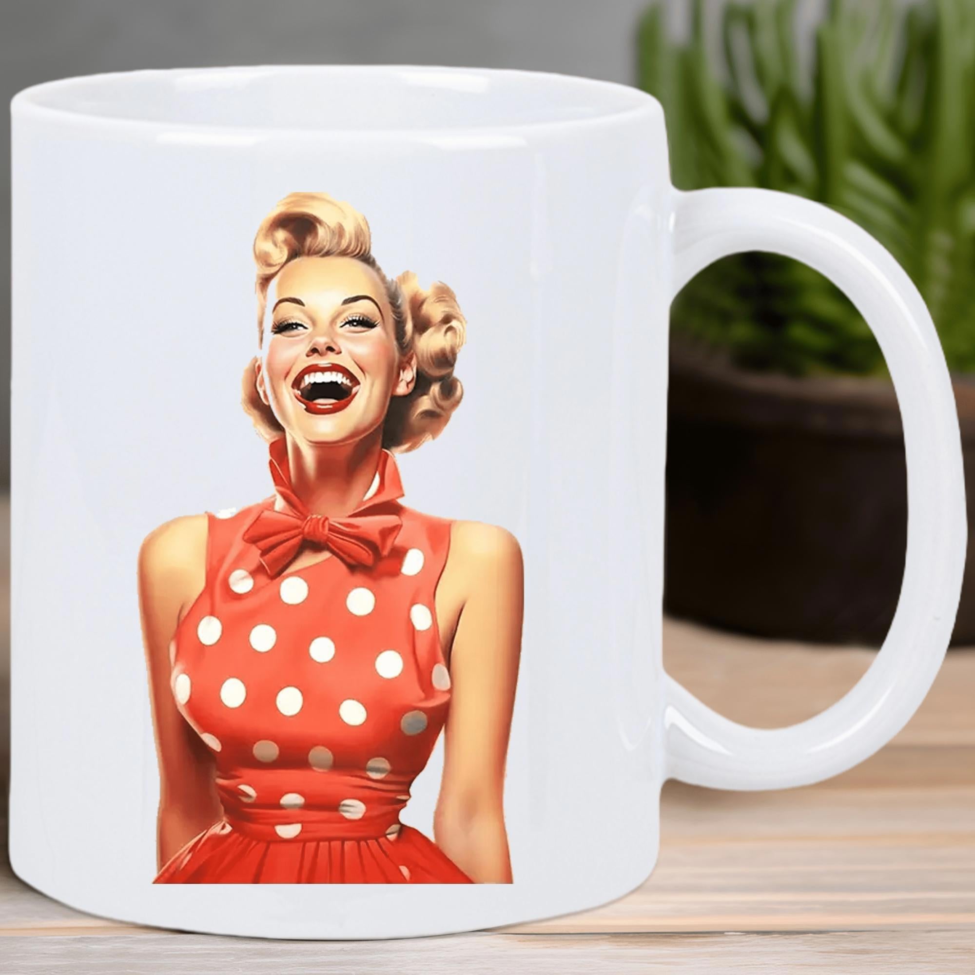 Tailorly White Ceramic 11 oz Mug - Retro Vintage Style Laughing Lady Wearing Red Polka Dot Dress Woman