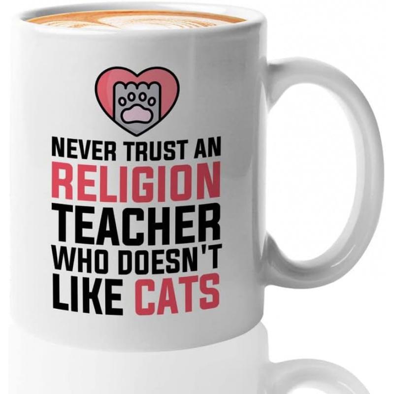 Tailorly White Ceramic 11 oz Mug - Never Trust An Religion Teacher Who Doesn't Like Cats Charming Pink Heart With A Minimalist Animal Paw Print Paw