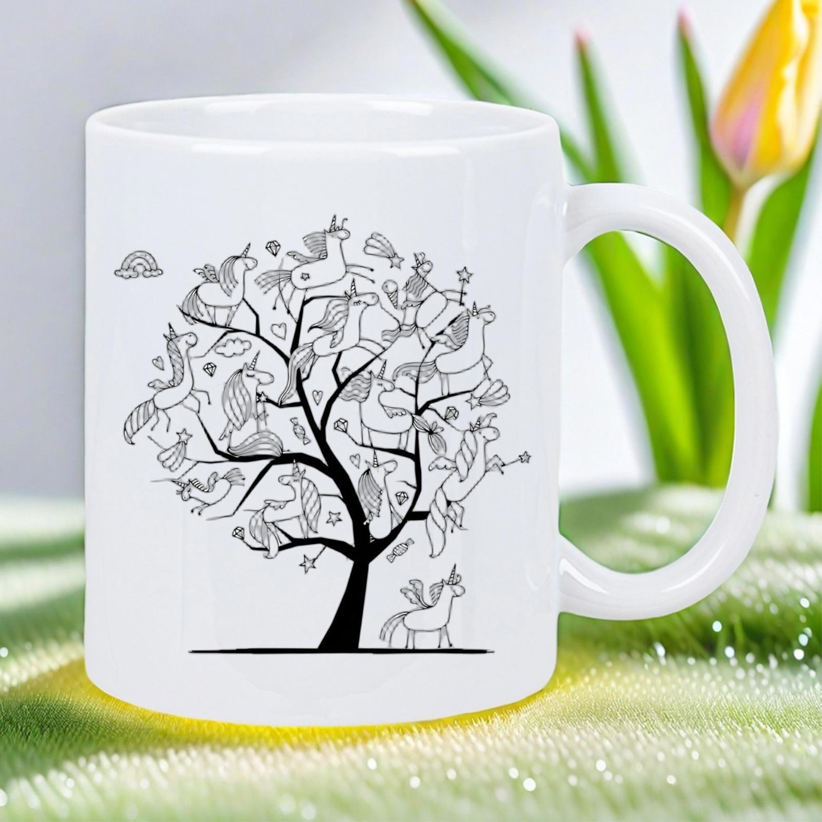 Tailorly White Ceramic 11 oz Mug - Minimalist Black Line Art Sketch Of Whimsical Flying Unicorns Tree