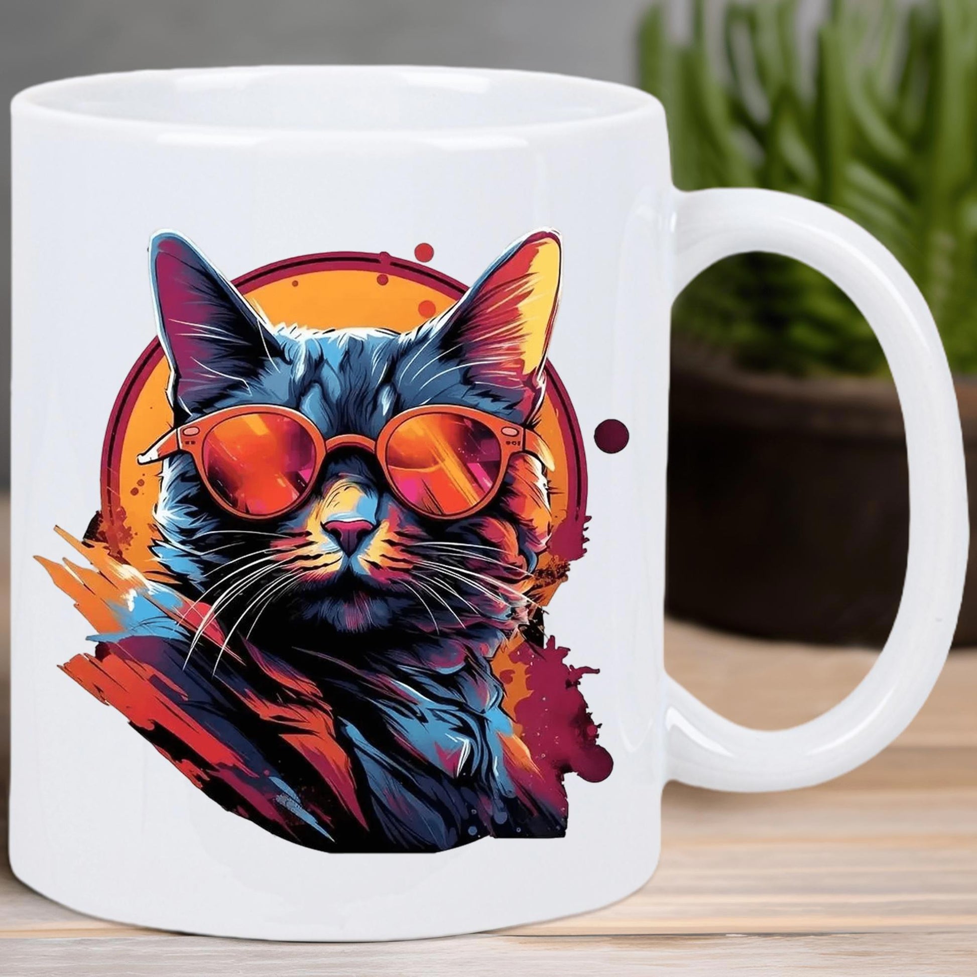 Tailorly White Ceramic 11 oz Mug - Retro Artistic Vibrant Design With Cool Sunglasses Against Glowing Circular Sunset Cat