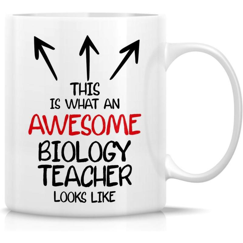 Tailorly White Ceramic 11 oz Mug - This Is What An Awesome Biology Teacher Looks Like Three Hand Drawn Arrows Pointing Upward With Bold Red And Black Lettering Mug