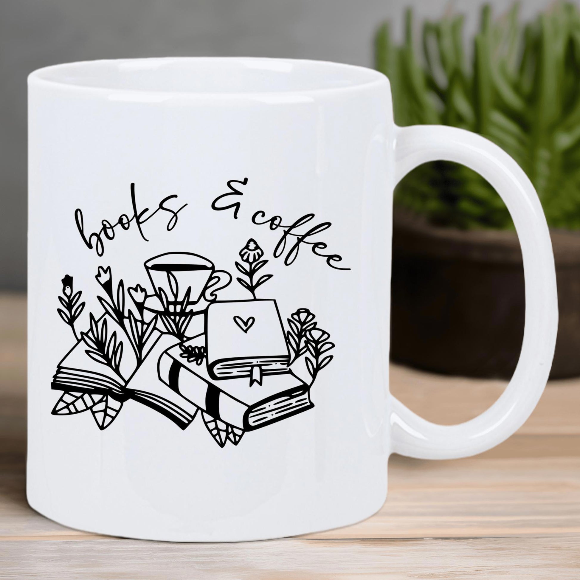Tailorly White Ceramic 11 oz Mug - Books Coffee Artistic Line Illustration Of Steaming Cup And Wildflowers With Stacked Books