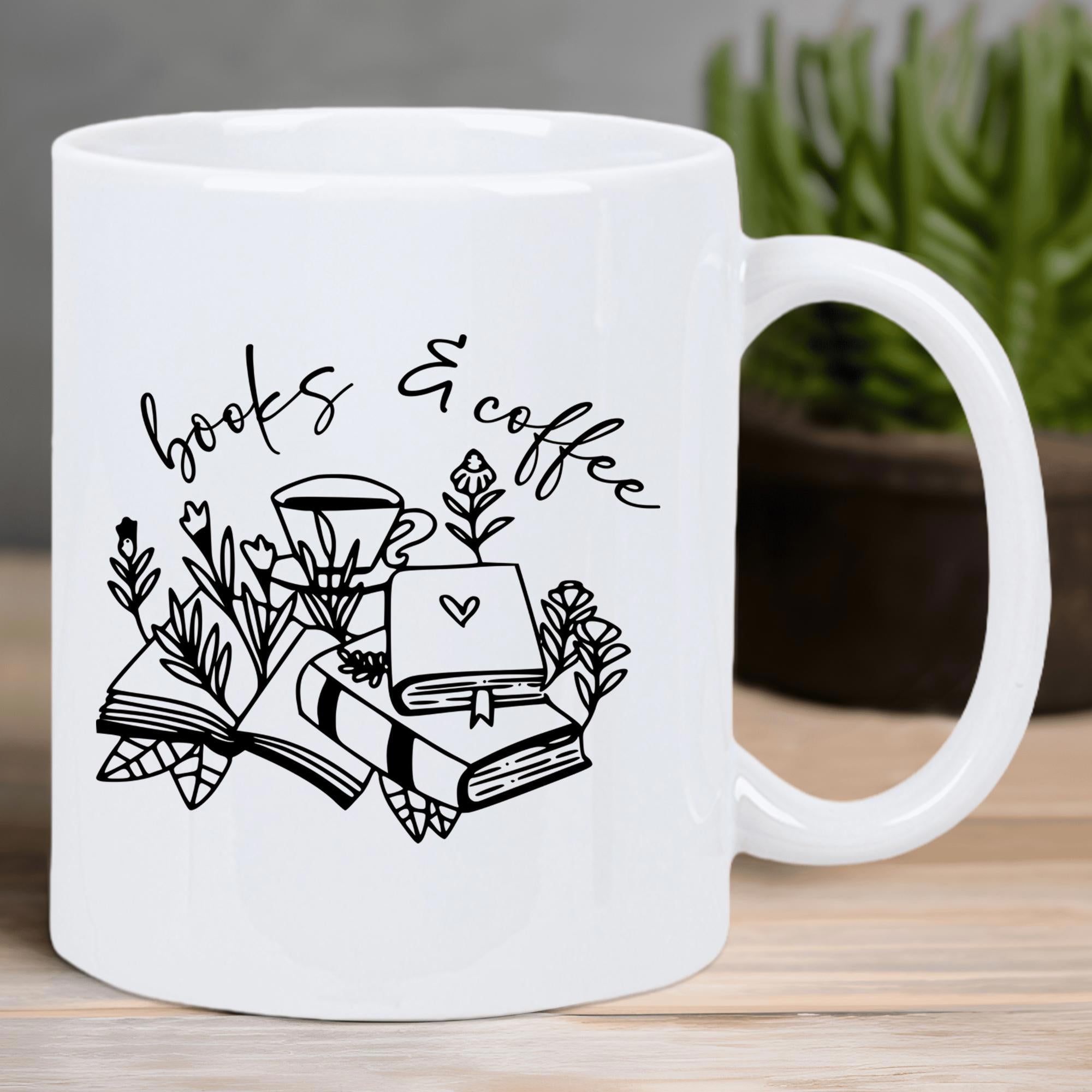 Tailorly White Ceramic 11 oz Mug - Books Coffee Artistic Line Illustration Of Steaming Cup And Wildflowers With Stacked Books