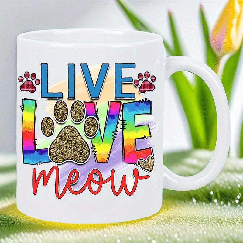 Tailorly White Ceramic 11 oz Mug - Live Love Meow Rainbow Texture Letters And Animal Print Patterned Decorative Cat Paw