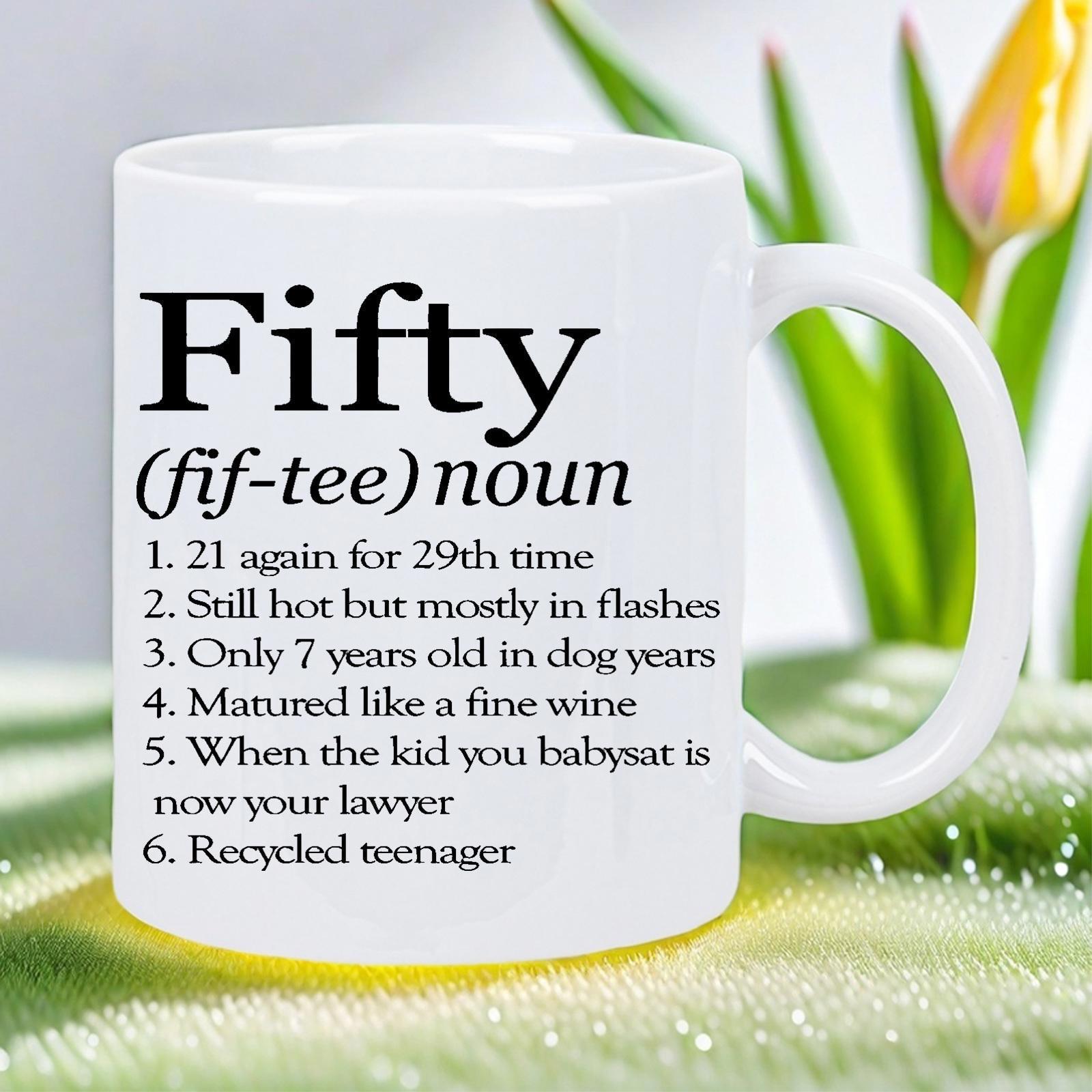 Tailorly White Ceramic 11 oz Mug - Fifty Fif Tee Noun Recycled Teenager Minimalist Typography Layout Set Against A Pristine White Background Mug