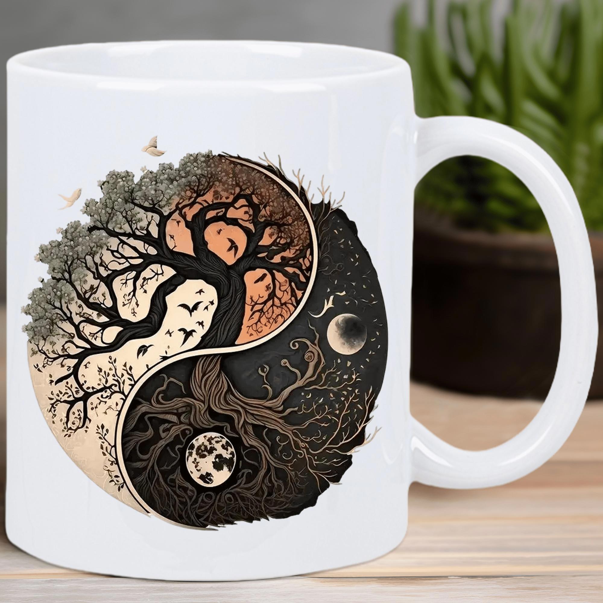 Tailorly White Ceramic 11 oz Mug - Intricate Yin Yang Symbol Balancing Detailed Roots And Branching Canopy Tree