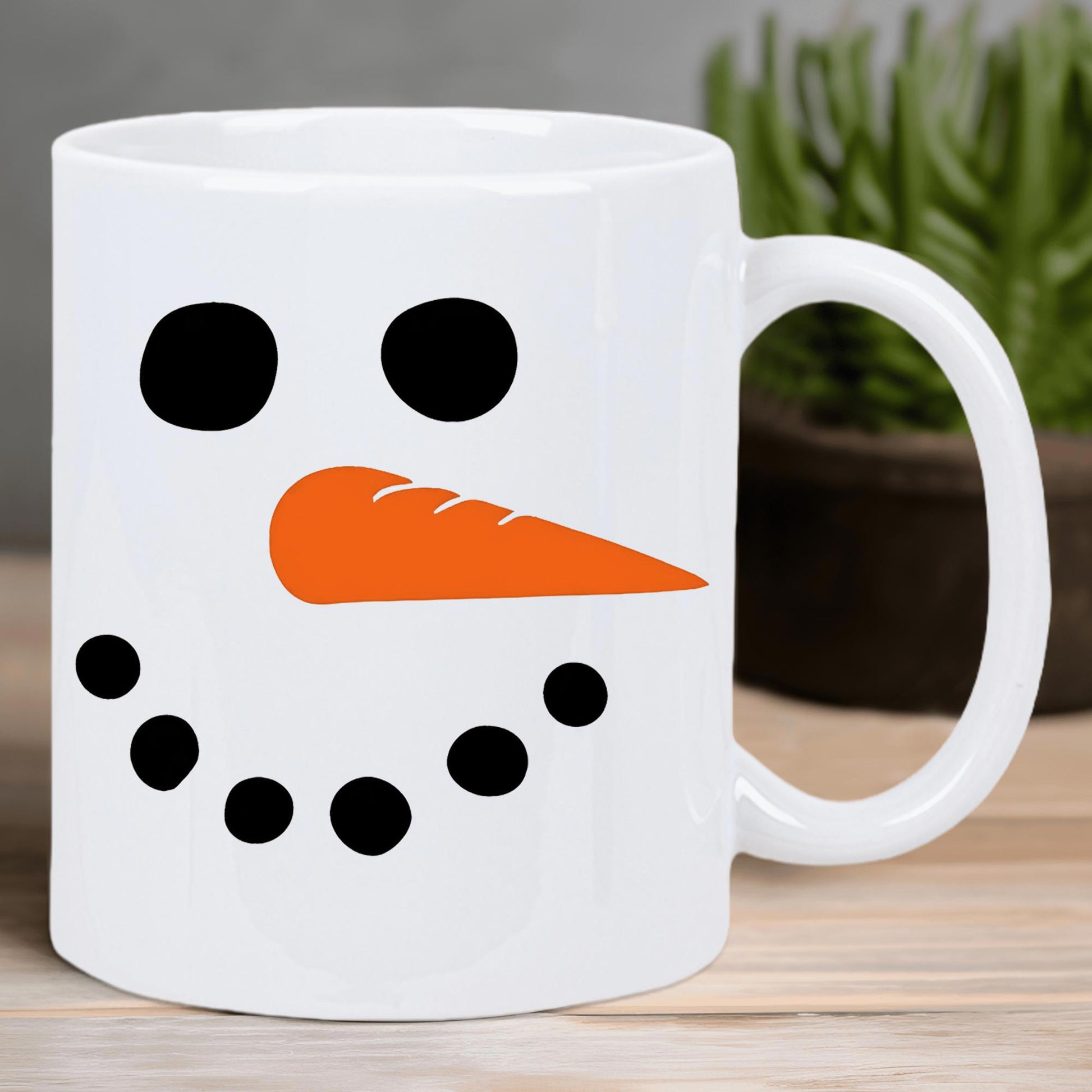 Tailorly White Ceramic 11 oz Mug - Minimalist Winter Holiday Facial Features With Carrot Nose And Coal Snowman