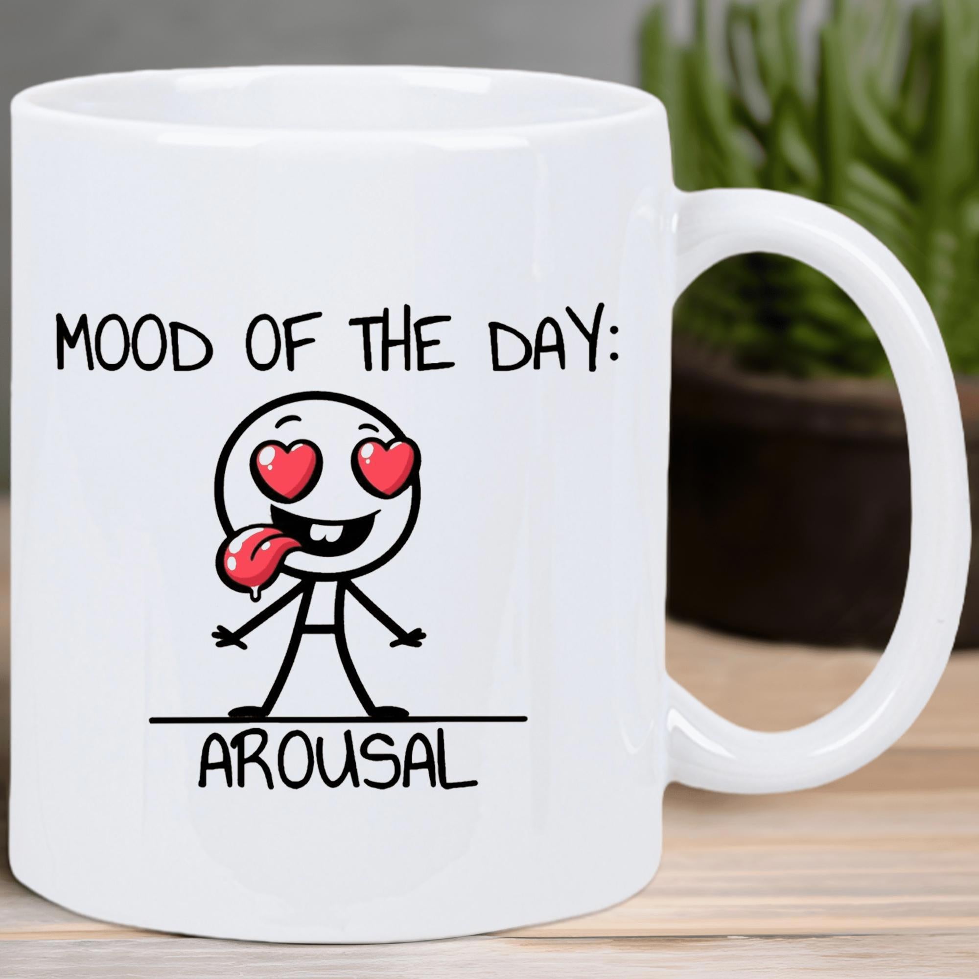 Tailorly White Ceramic 11 oz Mug - Mood Of The Day Arousal Playful Cartoon Character Featuring Heart Eyes And A Red Tongue Out Stickman