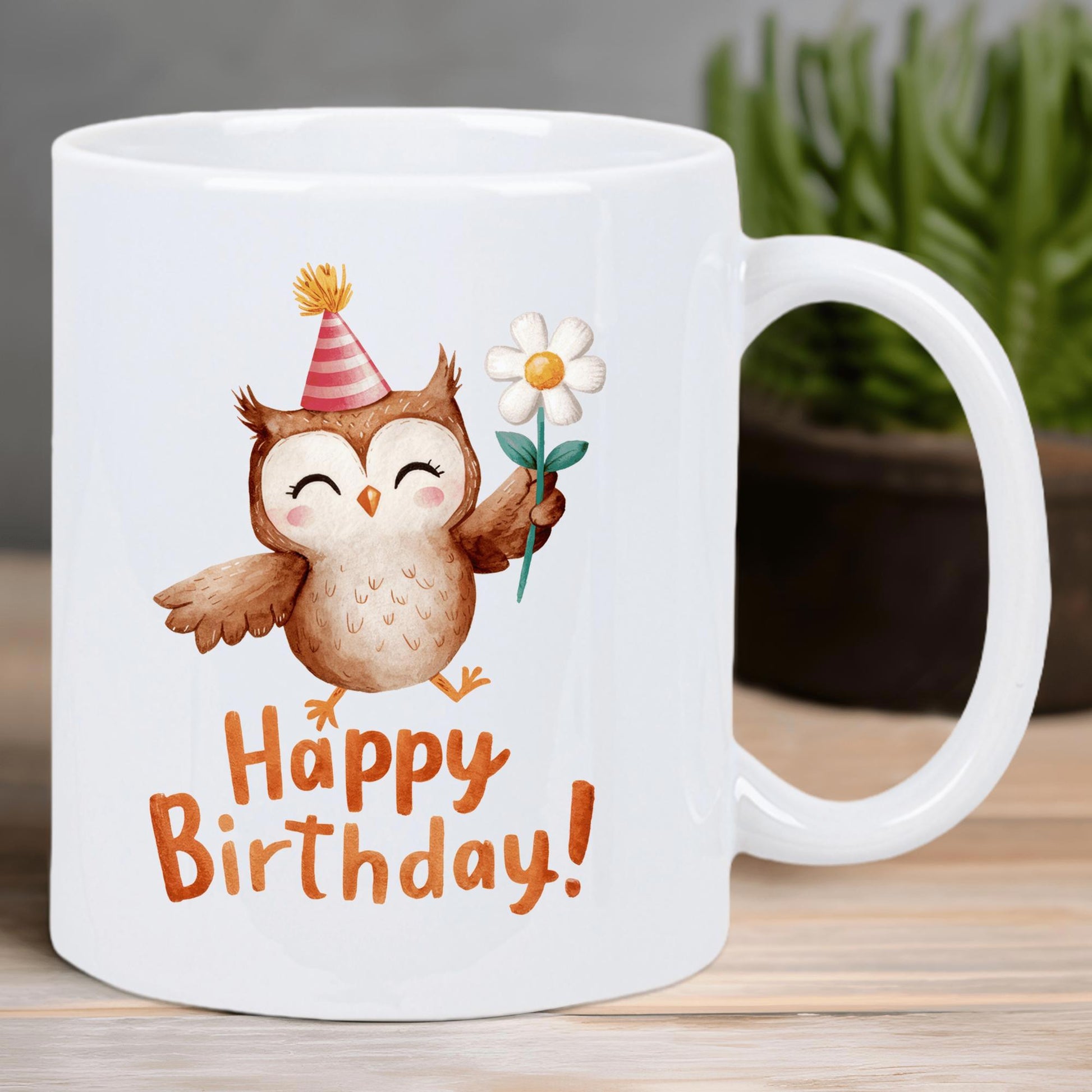 Tailorly White Ceramic 11 oz Mug - Happy Birthday Adorable Watercolor Bird Wearing Striped Party Hat Holding A Flower Owl