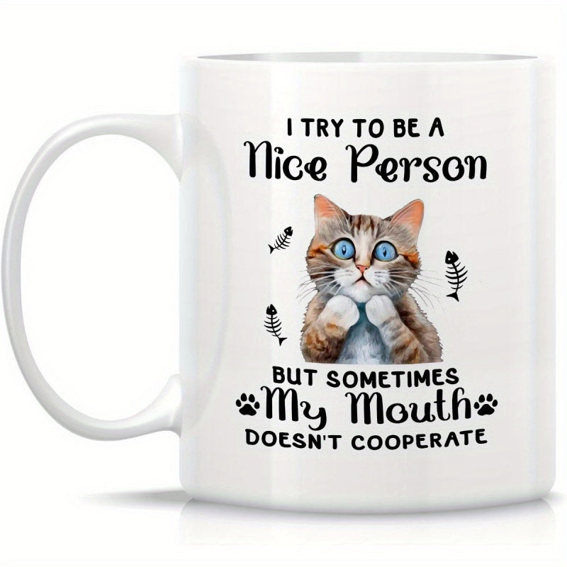 Tailorly White Ceramic 11 oz Mug - I Try To Be A Nice Person But Sometimes My Mouth Doesnt Cooperate Surprised Blue Eyed Tabby Cat Surrounded By Fish Bone Icons
