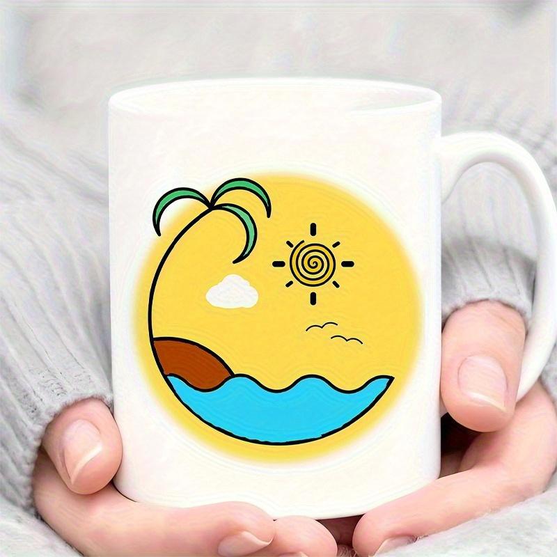 Tailorly White Ceramic 11 oz Mug - Minimalist Tropical Sunset Design Featuring Ocean Waves And A Stylized Coconut Tree